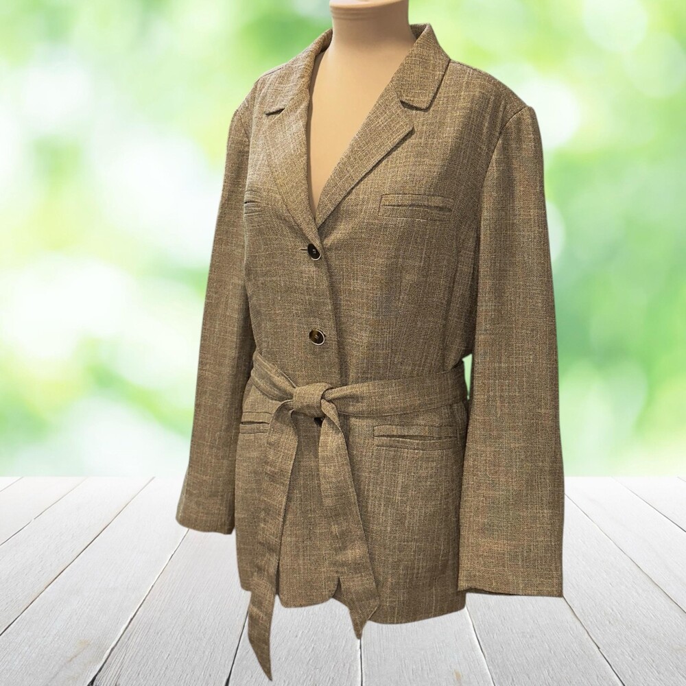 LE SUIT Belted Tweed Blazer Safari Jacket Welt Pockets Academia Oatmeal Plus 18